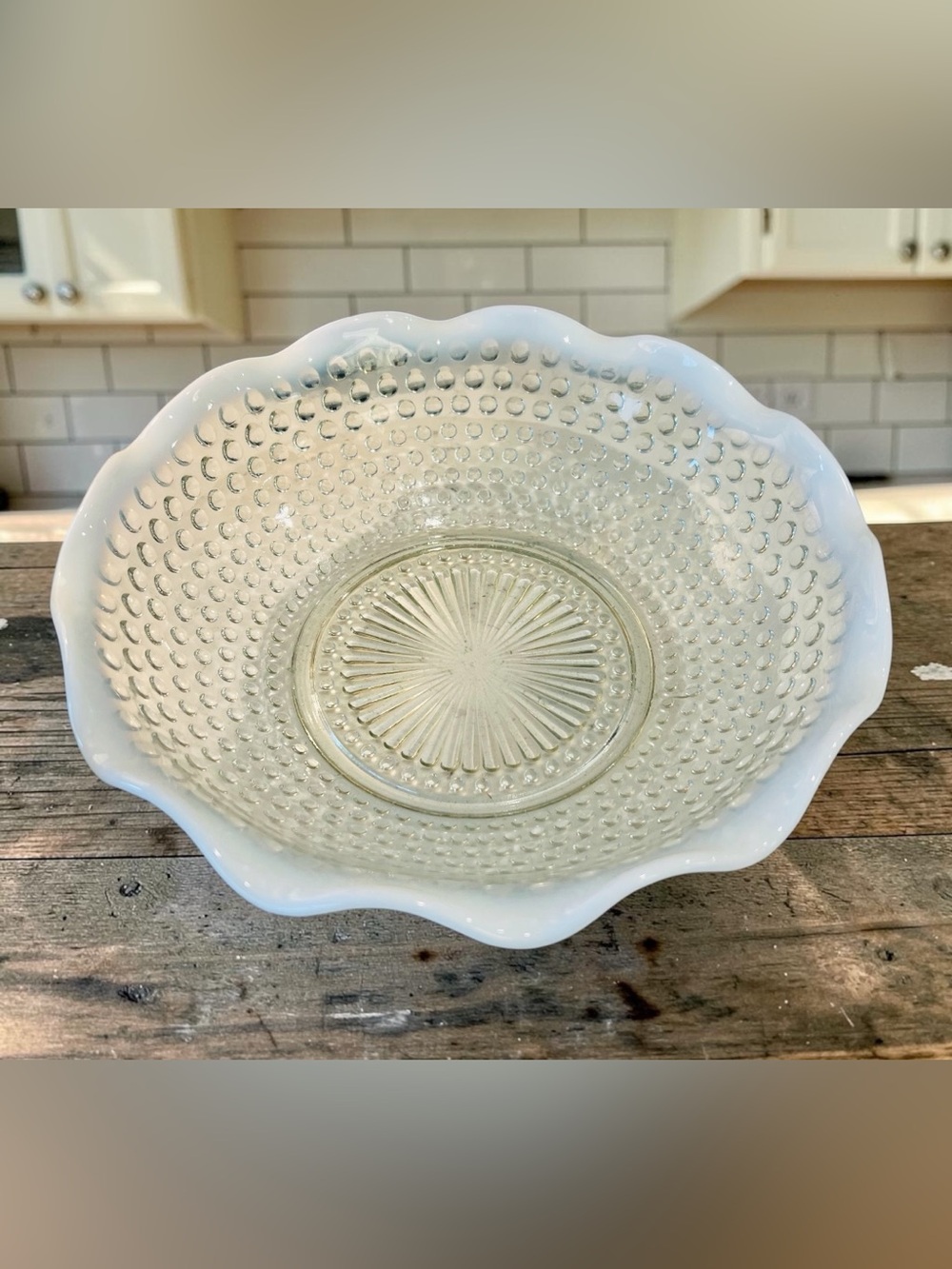 Anchor Hocking Moonstone Opalescent Hobnail Ruffled Serving Bowls Set of 2 9.5”